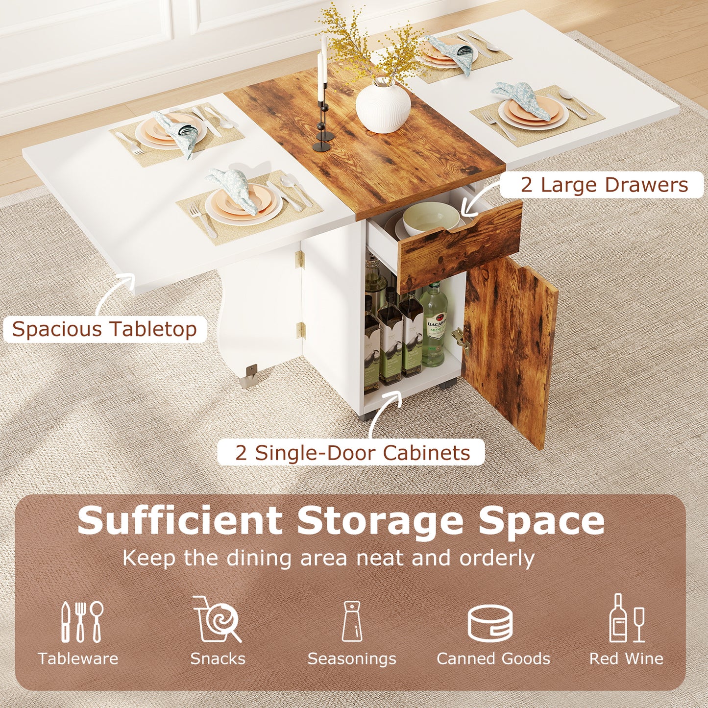 Folding Dining Table 3-in-1 Space-Saving Drop Leaf Kitchen Table with Lockable Wheels, Brown Dining Tables at Gallery Canada