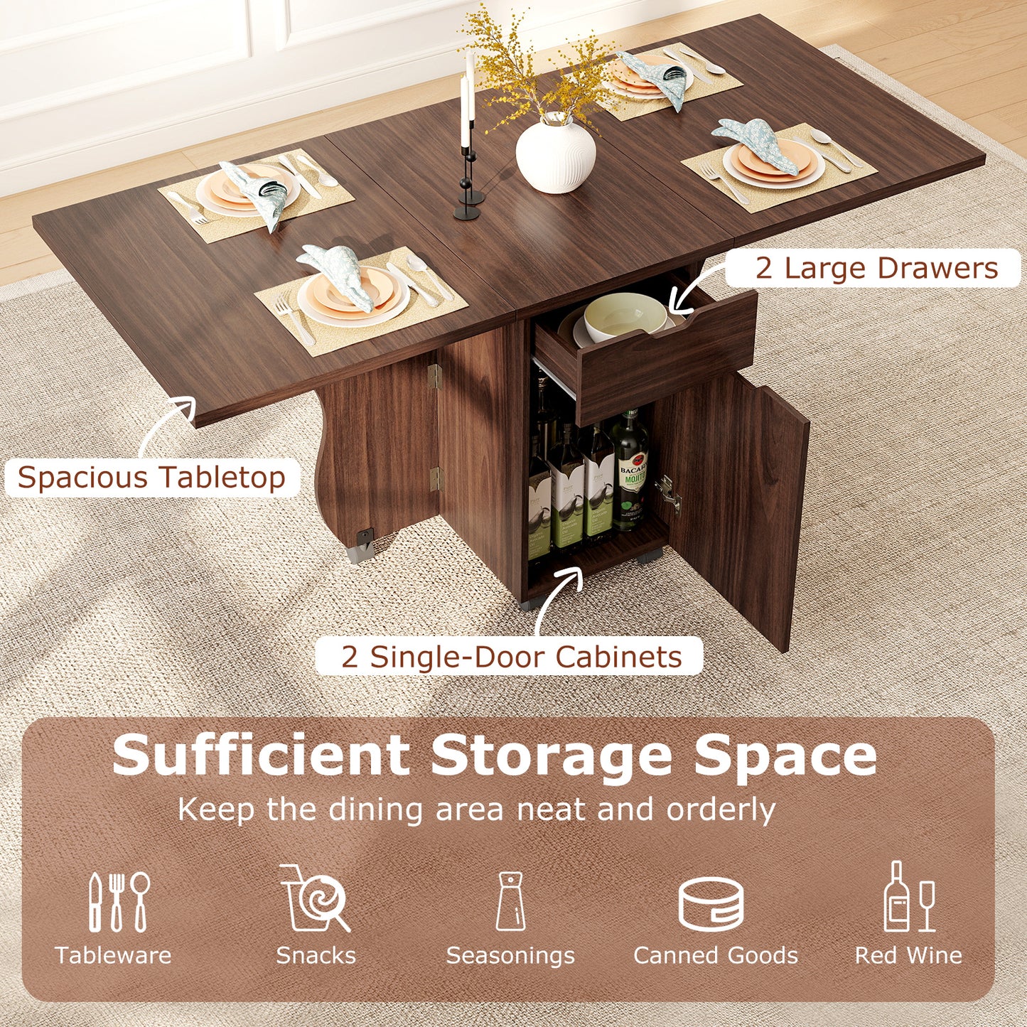 Folding Dining Table 3-in-1 Space-Saving Drop Leaf Kitchen Table with Lockable Wheels, Walnut Dining Tables at Gallery Canada