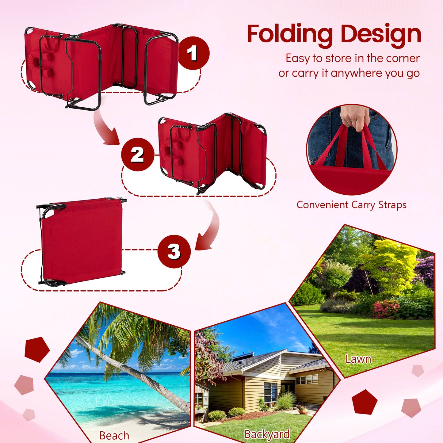 Folding Face Down Tanning Chair, Face Hole, 3 Removable Pillows, Red Beach & Lawn Chairs at Gallery Canada