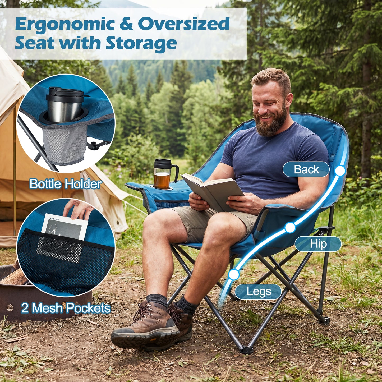 Oversized Folding Camping Chair, With Side Pockets And Cup Holder, Blue Camping Furniture at Gallery Canada