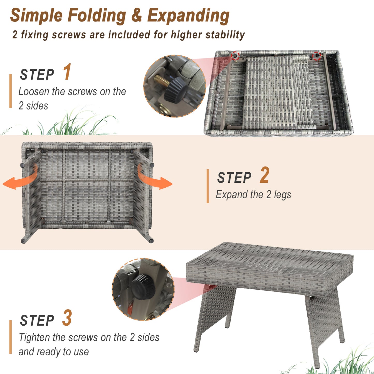 Folding PE Rattan Side Coffee Table, Gray