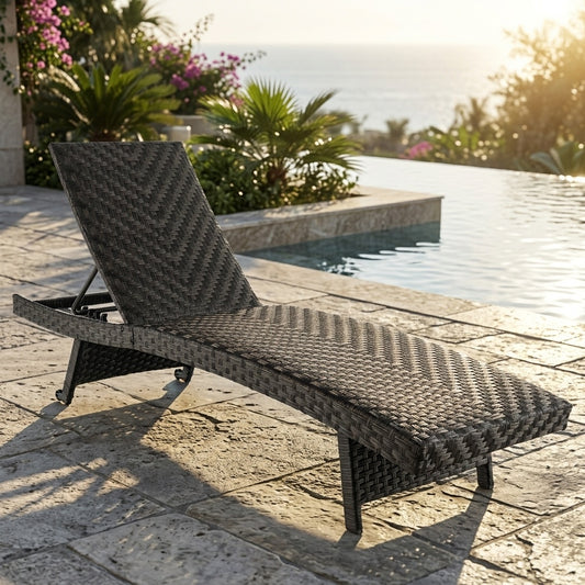 Folding Padded Rattan Chaise Lounge, Adjustable Backrest, Quick Dry Foam, Brown Outdoor Chaise Lounges Brown at Gallery Canada