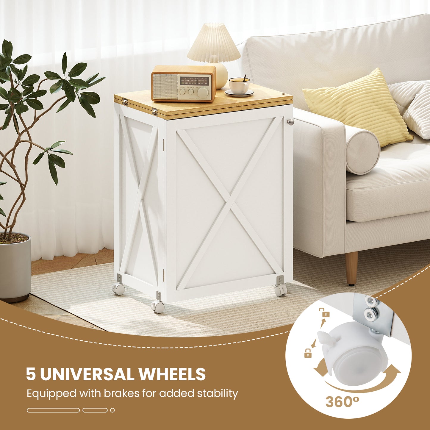 Folding Sewing Table with Storage Shelf and 5 Lockable Wheel-Natural and White, Natural & White Sewing Tables at Gallery Canada