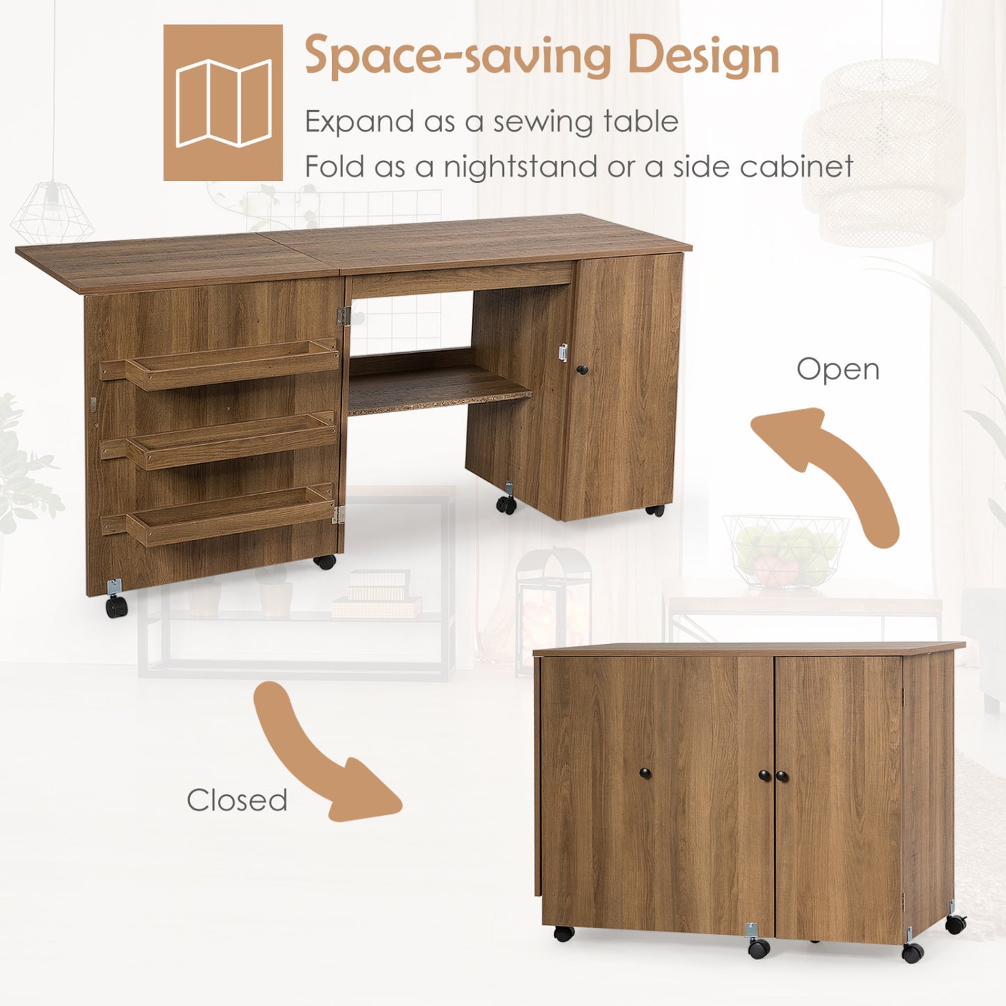 Folding Sewing Table, Storage Cabinet, Craft Cart With Wheels, Natural Sewing Tables at Gallery Canada