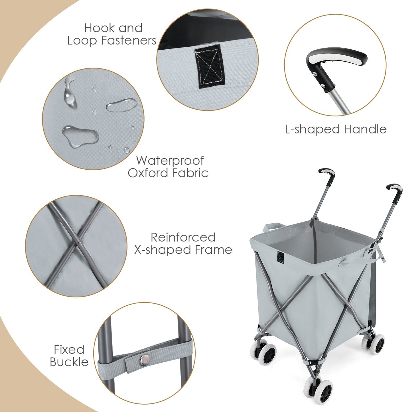 Folding Shopping Utility Cart with Water-Resistant Removable Canvas Bag-Grey, Gray Kitchen at Gallery Canada