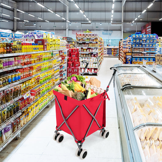 Folding Shopping Cart, Water-Resistant Canvas Bag, Red