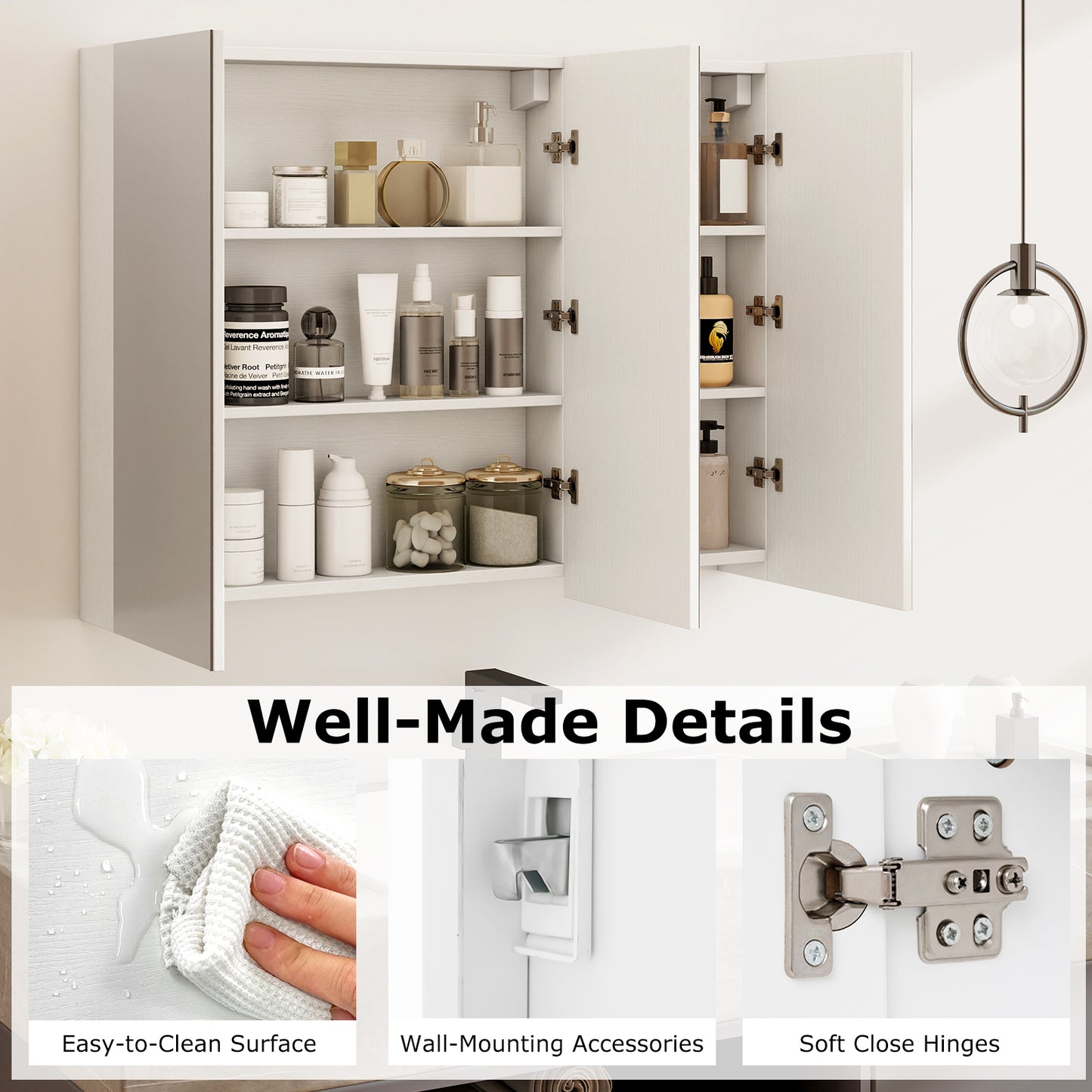 Frameless Wall Mounted Mirror Cabinet, 3 Doors, Adjustable Shelves, White Wall Cabinets at Gallery Canada
