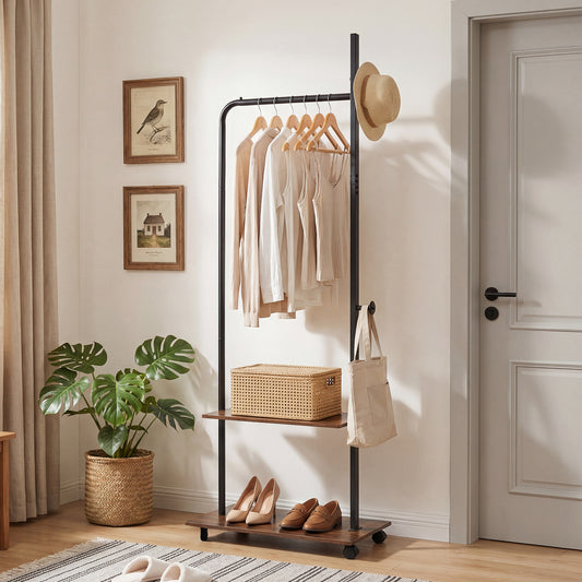 Freestanding Clothing Rack With Wheels, Storage Shelves, Brown Clothing & Closet Storage Rustic Brown at Gallery Canada