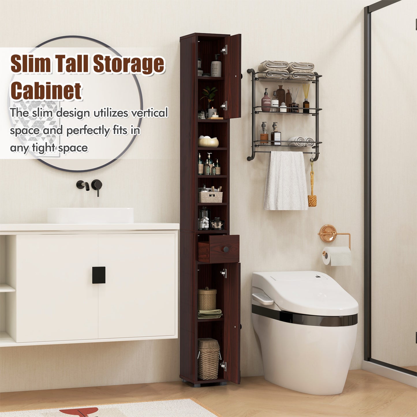 Slim Bathroom Cabinet With Drawer, Adjustable Shelves, Brown Floor Cabinets at Gallery Canada