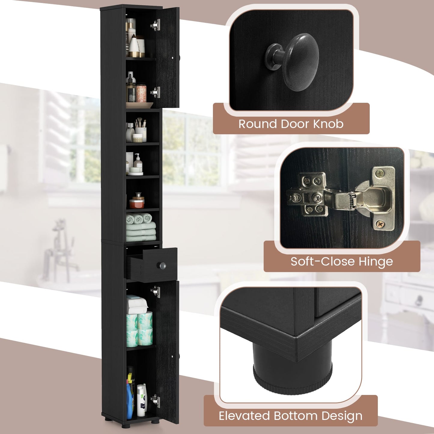 Slim Bathroom Cabinet With Drawer, Adjustable Shelves, Black Floor Cabinets at Gallery Canada