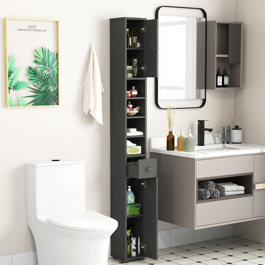 Freestanding Slim Bathroom Cabinet with Drawer and Adjustable Shelves, Gray Floor Cabinets Gray at Gallery Canada
