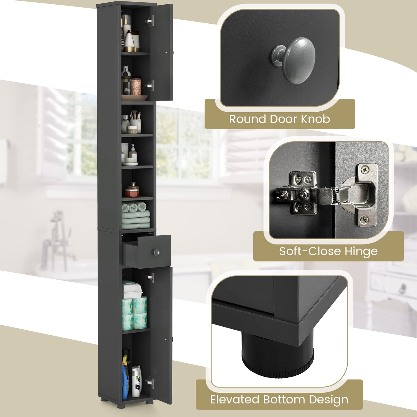 Slim Bathroom Cabinet With Drawer, Adjustable Shelves, Gray Floor Cabinets at Gallery Canada
