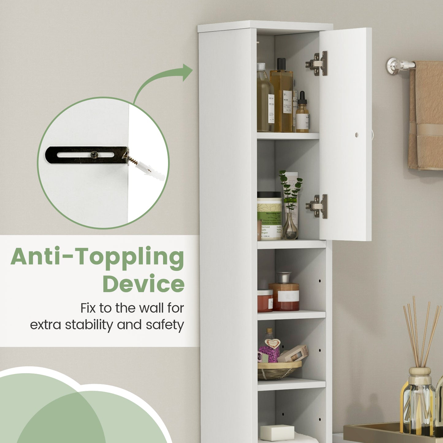 Freestanding Slim Bathroom Cabinet, Drawer, Adjustable Shelves, White Floor Cabinets at Gallery Canada