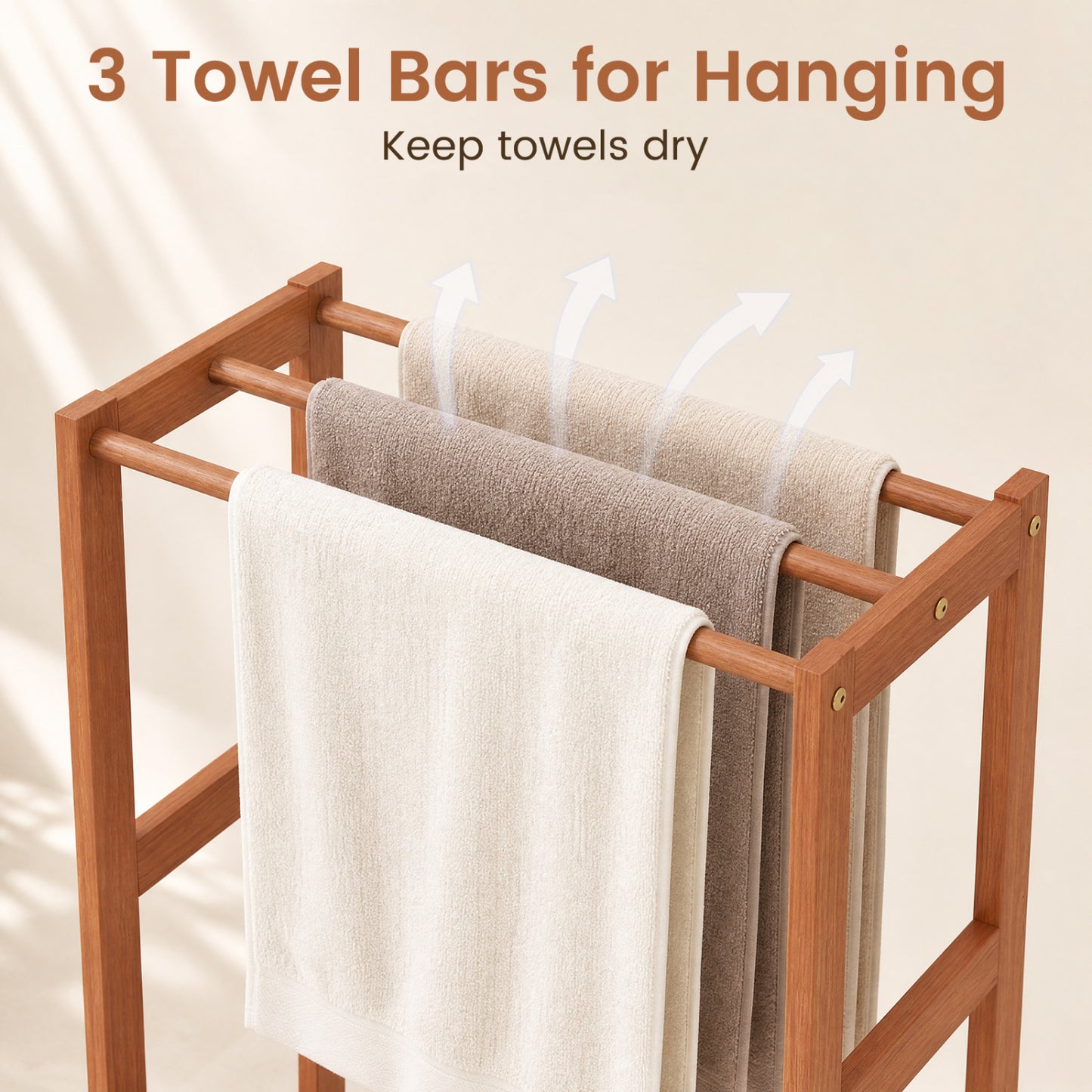 Freestanding Towel Rack, 3 Hanging Bars, Bottom Shelf