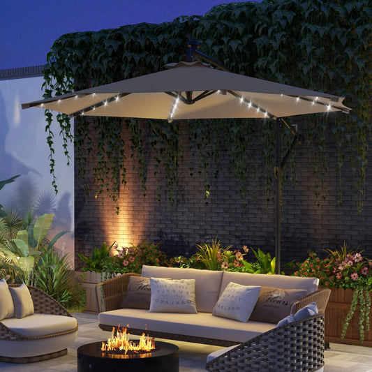 10ft Outdoor Cantilever Umbrella, Solar Lights, Adjustable Angle, Khaki Cantilever Umbrellas Khaki at Gallery Canada