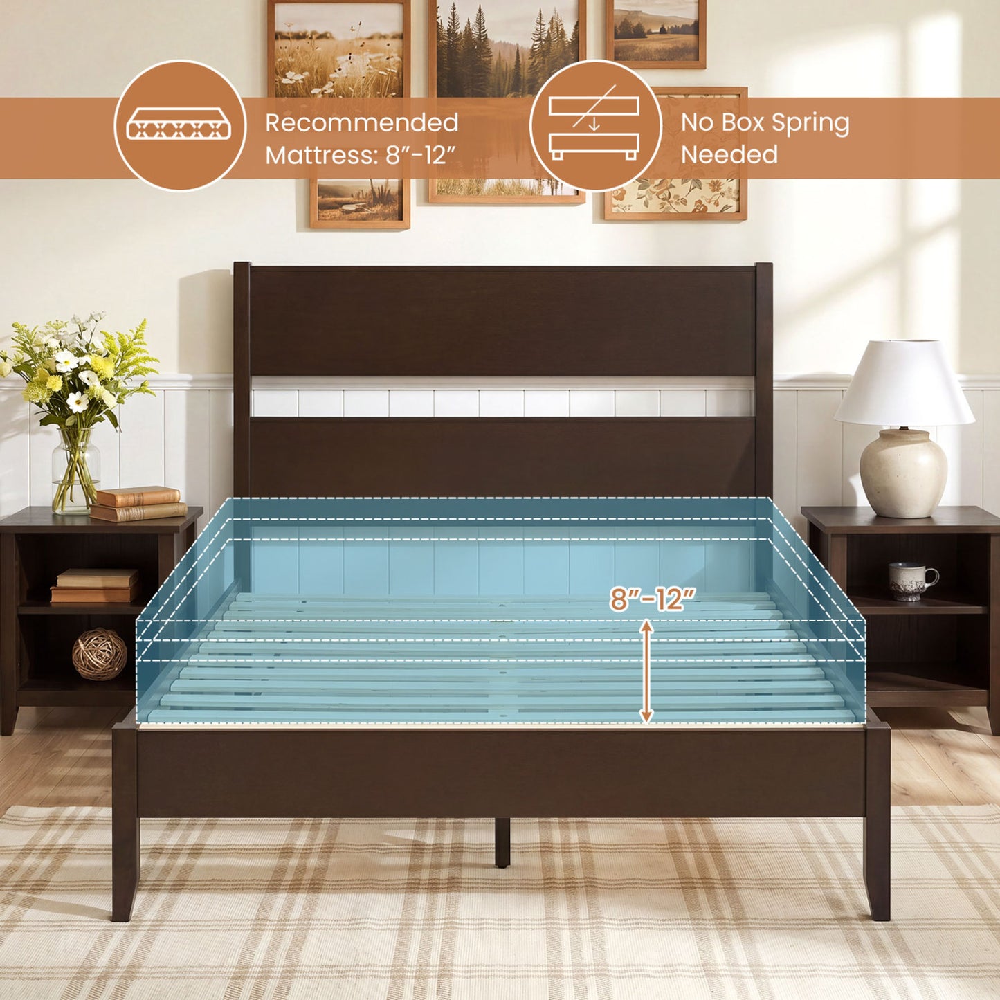 Full Bed Frame, Solid Wood Legs, 12 Slats, Dark Walnut