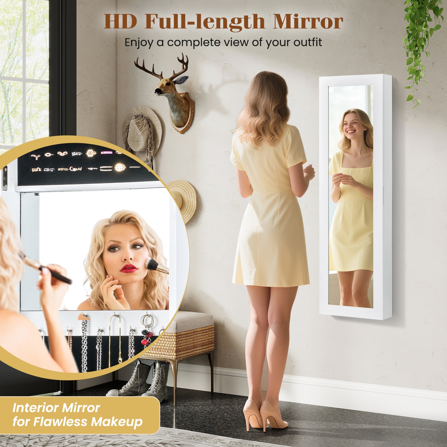 Full Length Mirror Jewelry Cabinet With Ring Slots And Necklace Hooks, White Jewelry Armoires at Gallery Canada