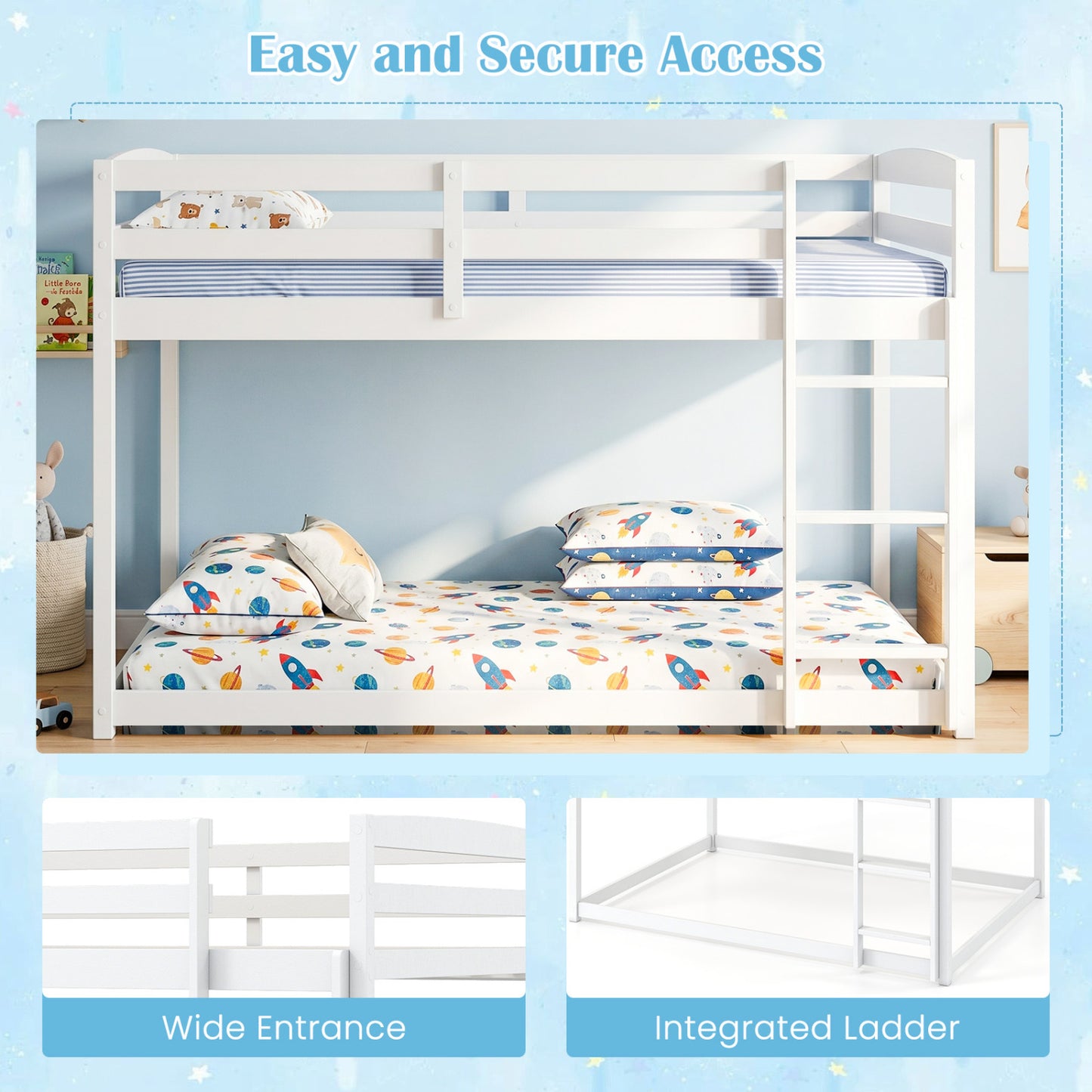 Full Over Full Bunk Bed, Solid Wood with Ladder & Guardrails, White