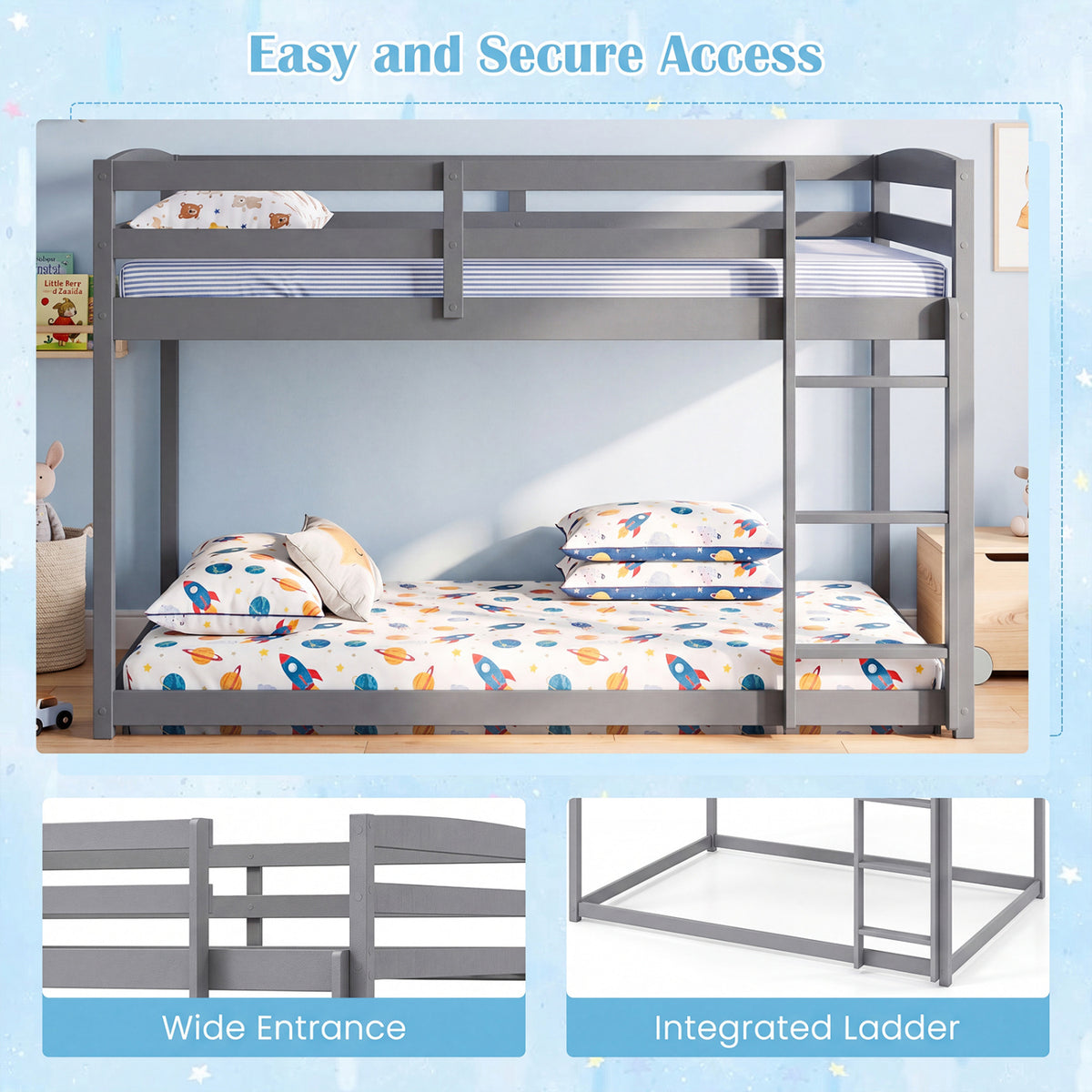 Full Over Full Bunk Bed, Integrated Ladder, Guardrails, Grey Bunk Bed Frame at Gallery Canada
