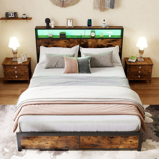 Full/Queen Size LED Bed Frame with Charging Station and 4 Storage Drawers-Queen Simple Bed Frame Options at Gallery Canada