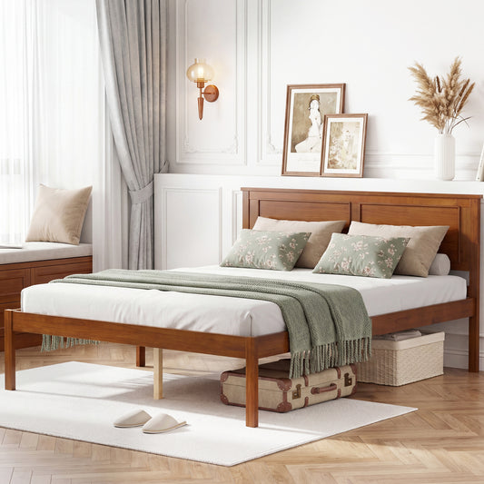 Full Size Farmhouse Wooden Platform Bed with Headboard Simple Bed Frame Walnut/White at Gallery Canada