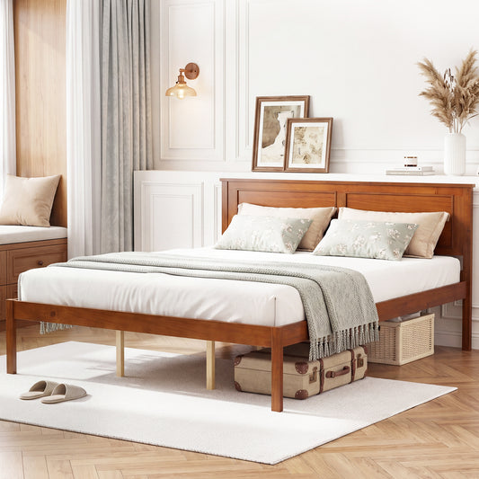 Farmhouse Wooden Platform Bed, Queen Size with Headboard Simple Bed Frame Walnut/White at Gallery Canada