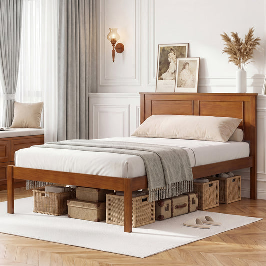 Twin Size Farmhouse Platform Bed with Headboard Simple Bed Frame Walnut/White at Gallery Canada