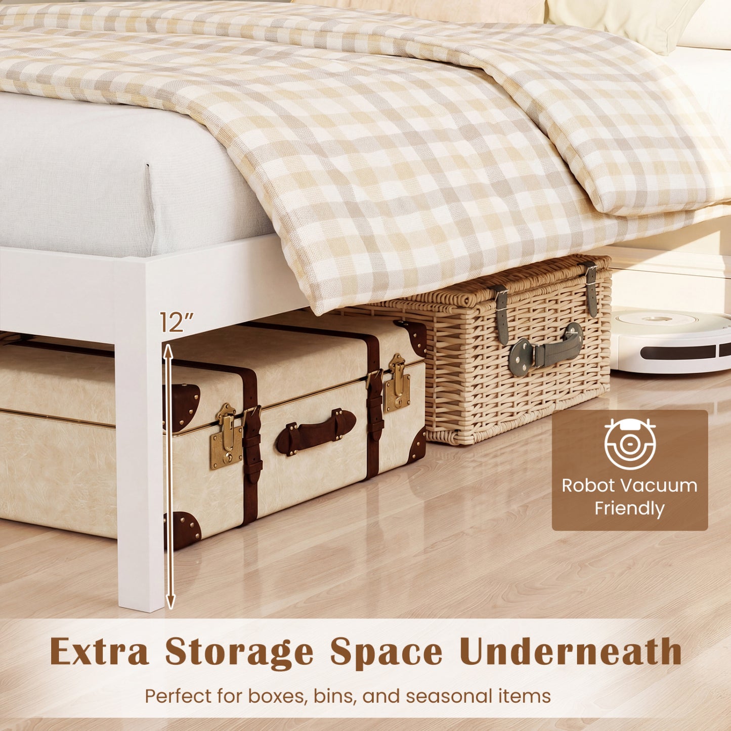 Full Size Farmhouse Wooden Platform Bed with Headboard, White Simple Bed Frame at Gallery Canada