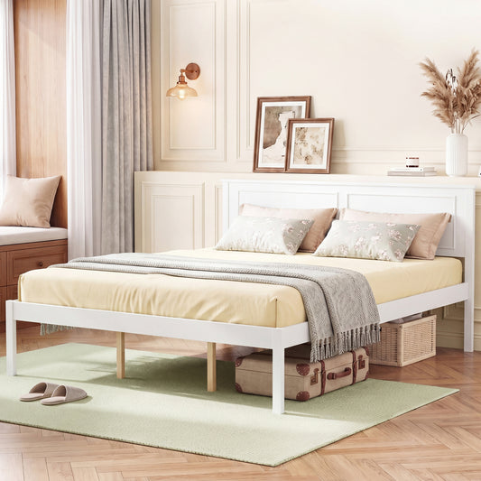 Queen Size Farmhouse Wooden Platform Bed with Headboard Simple Bed Frame Walnut/White at Gallery Canada