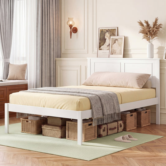 Twin Size Farmhouse Wood Platform Bed With Headboard, White Simple Bed Frame Walnut/White at Gallery Canada