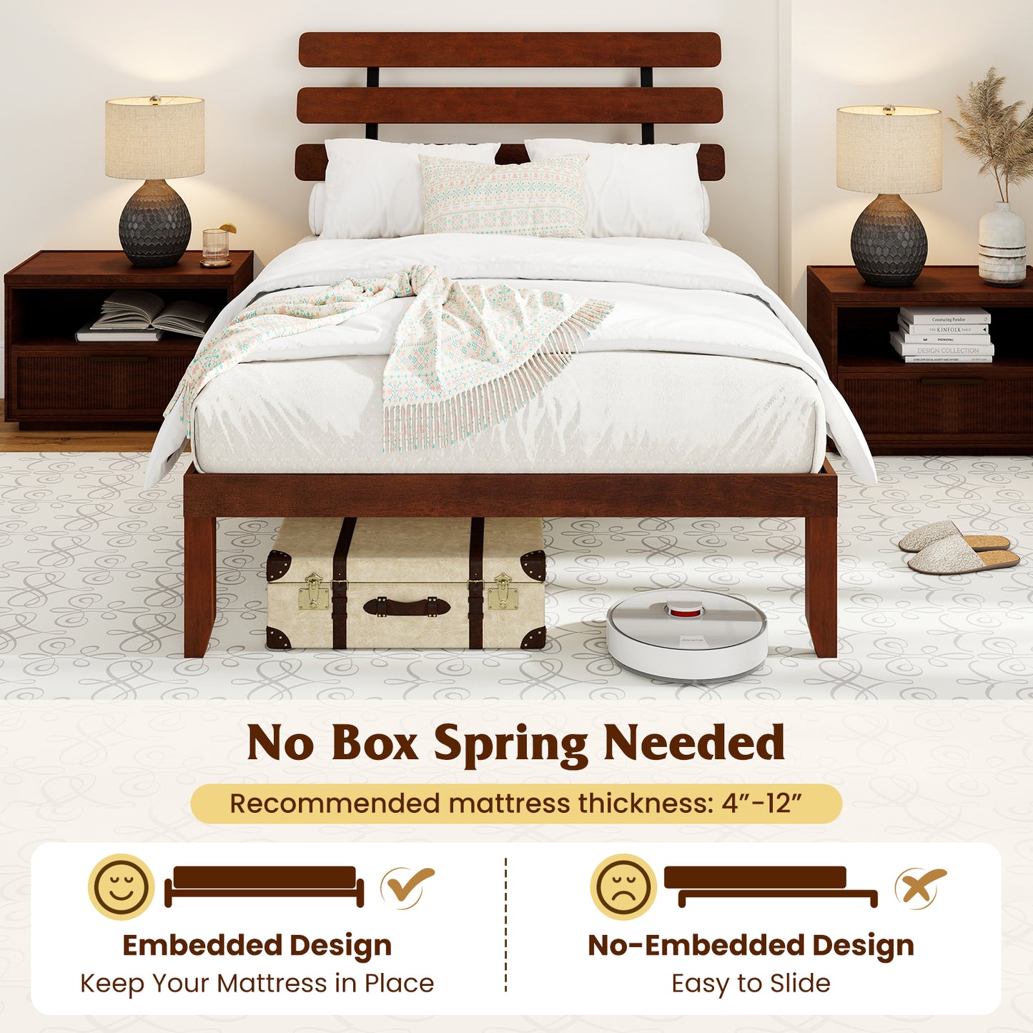 Full Size Bed Frame, 15.5 Inch, Solid Wood Platform, Retro Headboard, Walnut Simple Bed Frame at Gallery Canada