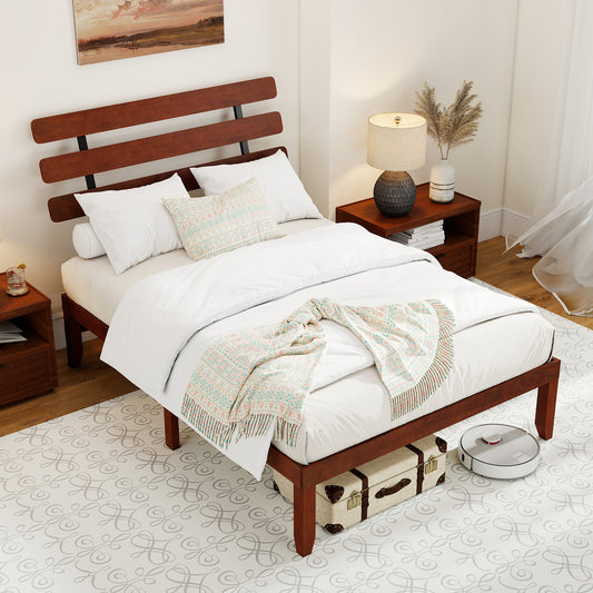 Full Size Bed Frame, 15.5 Inch, Solid Wood Platform, Retro Headboard, Walnut Simple Bed Frame Walnut at Gallery Canada