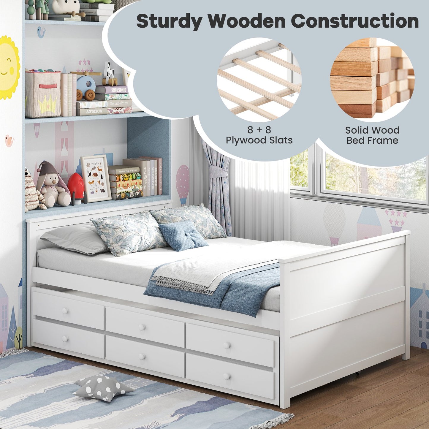 Full Size Bed Frame with Twin Trundle and 3 Storage Drawers for Teens Adults, White Trundle Bed Frame at Gallery Canada