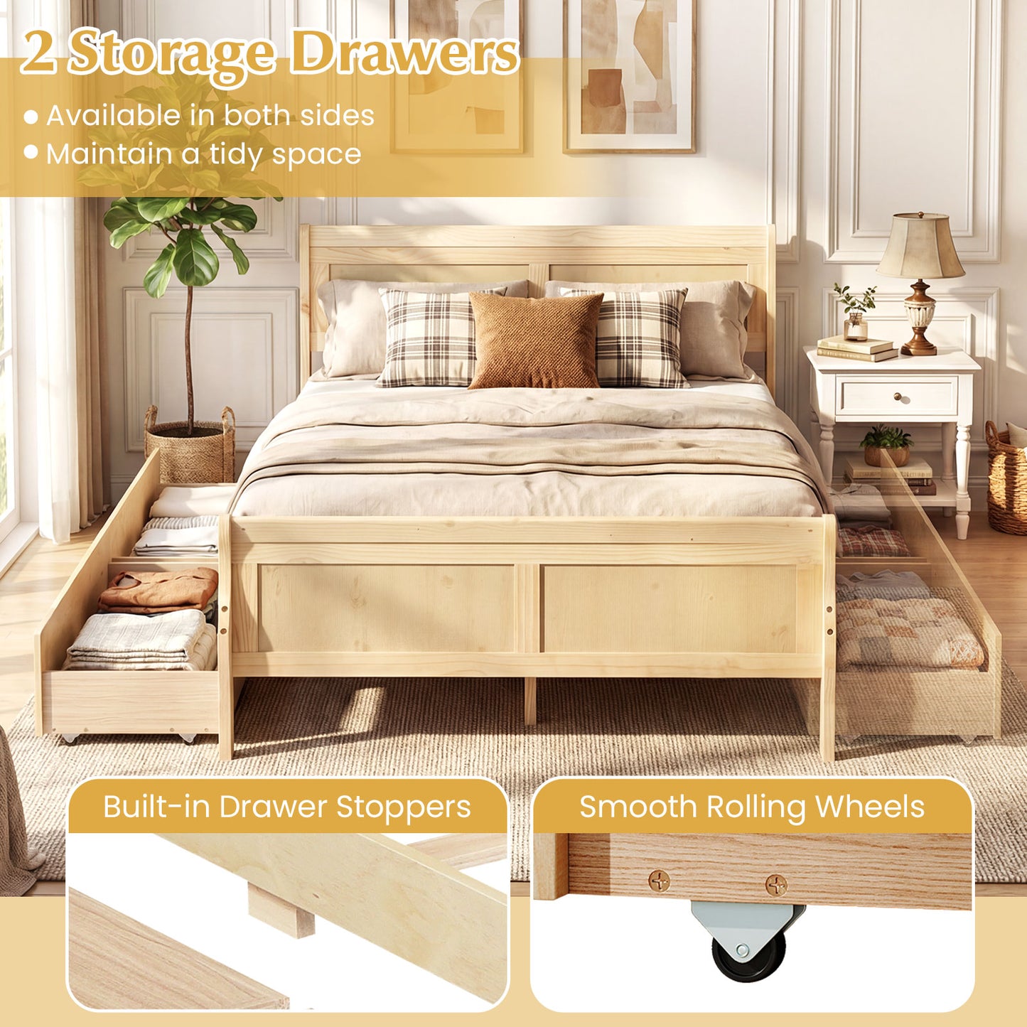 Full Size Bed Frame, 2 Storage Drawers, Footboard, Natural Simple Bed Frame at Gallery Canada