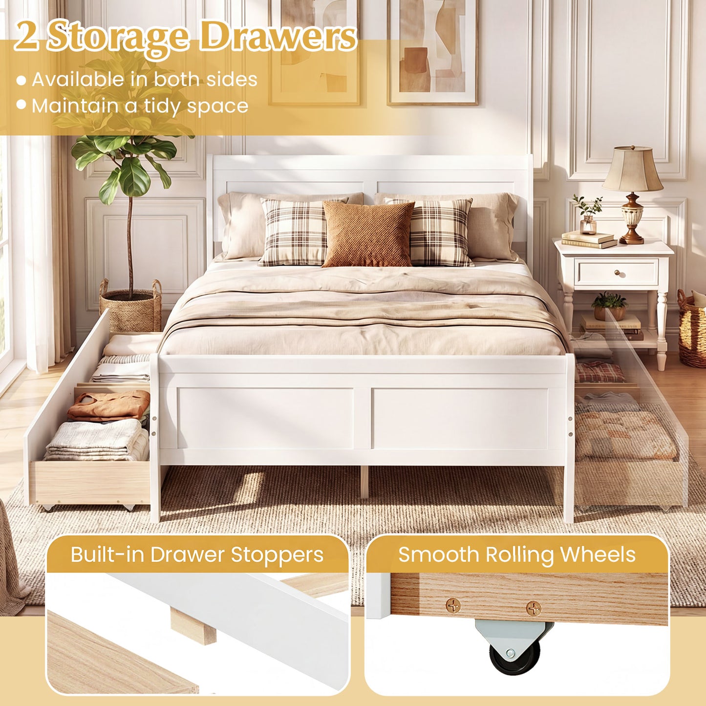 Full Size Bed Frame With 2 Storage Drawers, Footboard, White Simple Bed Frame at Gallery Canada
