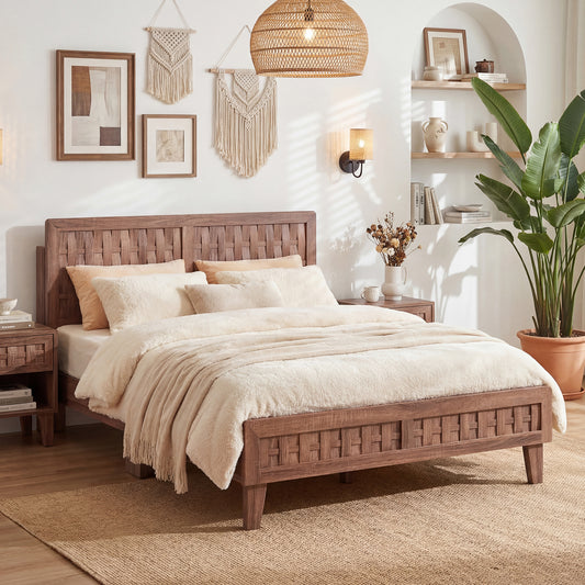Full Size Bed Frame With Woven Headboard, Walnut Simple Bed Frame Walnut at Gallery Canada