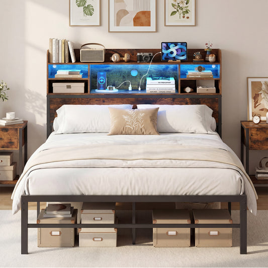 Full Size Bed Frame with LED Lights, Charging Station, Rustic Brown Simple Bed Frame Rustic Brown at Gallery Canada