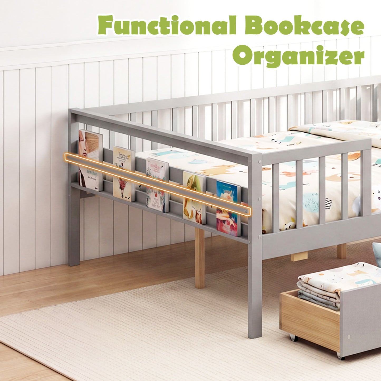 Full Size Daybed with Fence and 2 Drawers for Boys and Girls, Gray Trundle Bed Frame at Gallery Canada