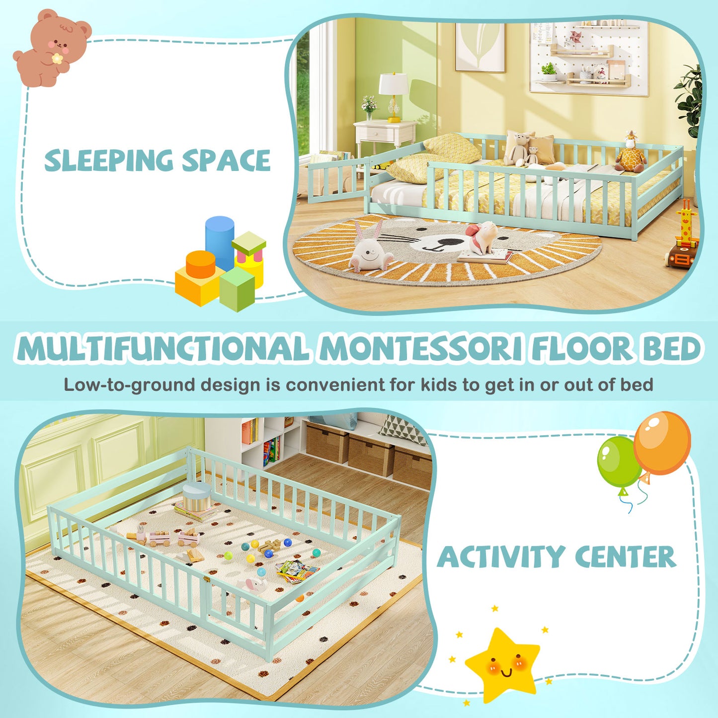 Full Size Floor Bed With Safety Guardrails, Light Green Toddler Beds at Gallery Canada