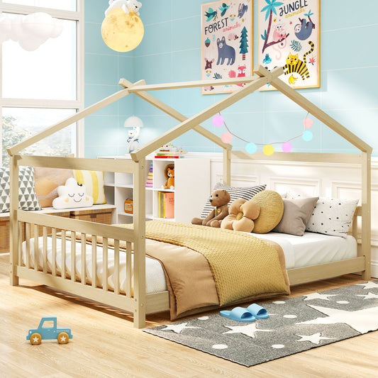Full Size House Bed, Montessori Floor Bed With Headboard, Natural Simple Bed Frame Natural at Gallery Canada