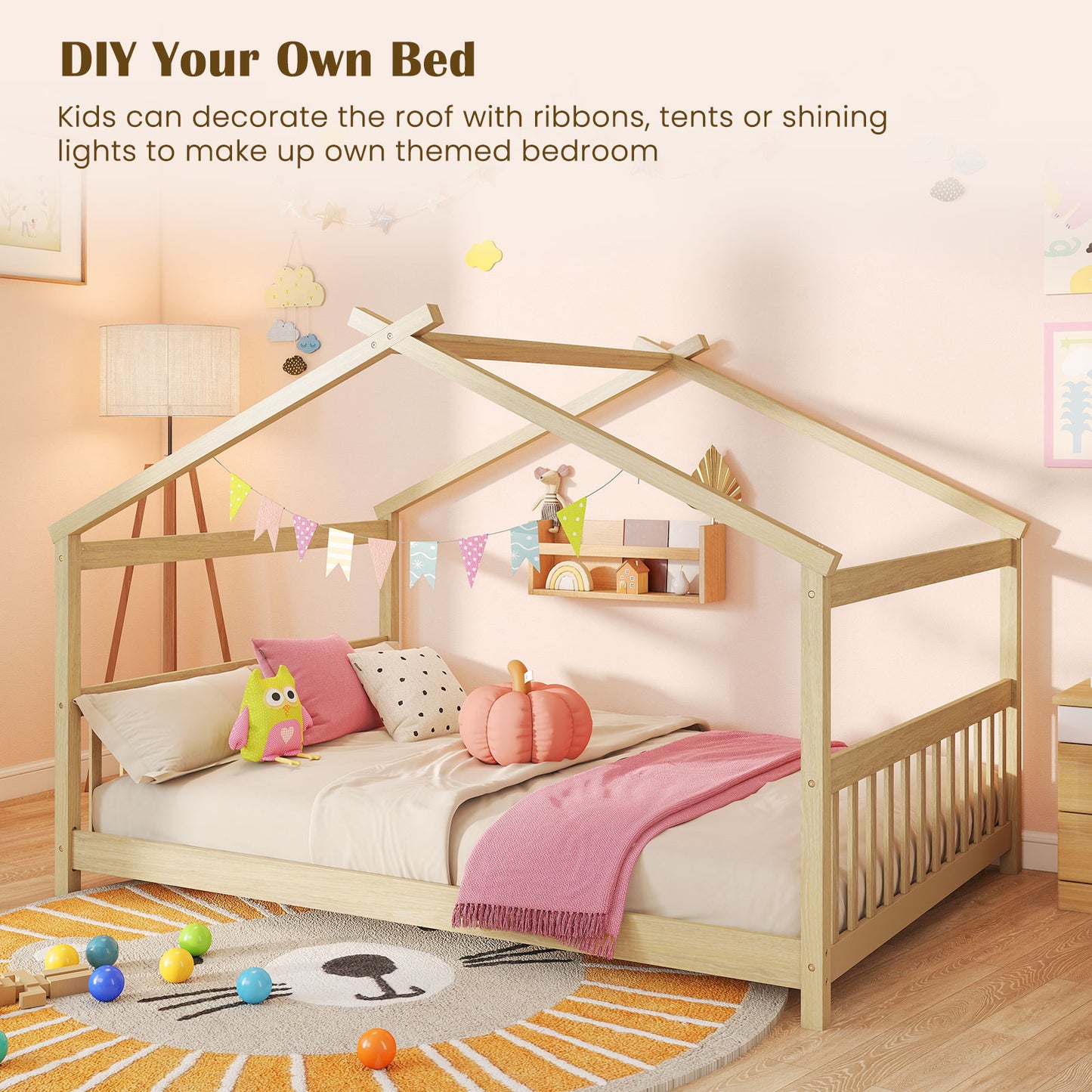 Full Size House Bed, Montessori Floor Bed With Headboard, Natural Simple Bed Frame at Gallery Canada