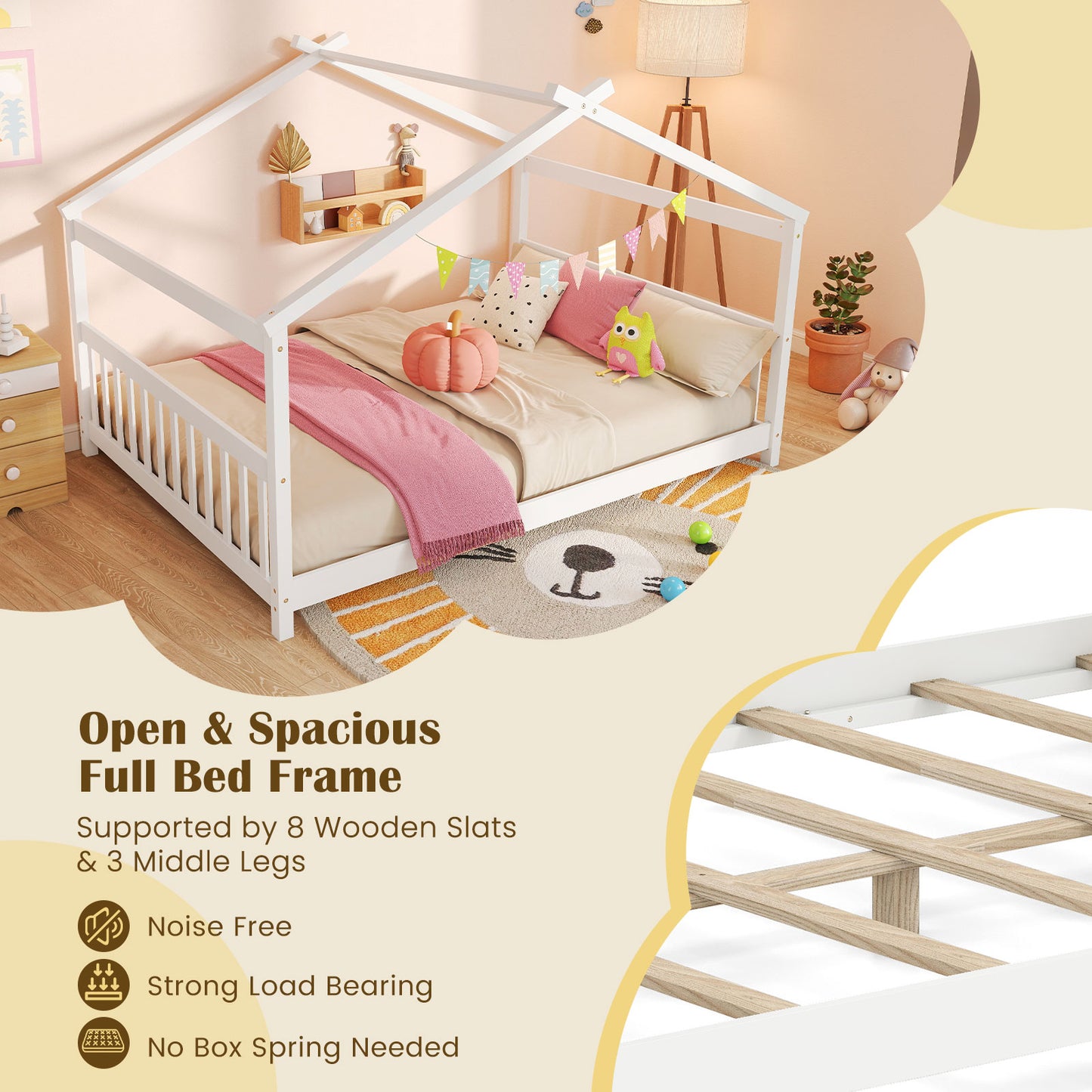 Full Size House Bed, Montessori Floor Bed With Headboard, White Simple Bed Frame at Gallery Canada