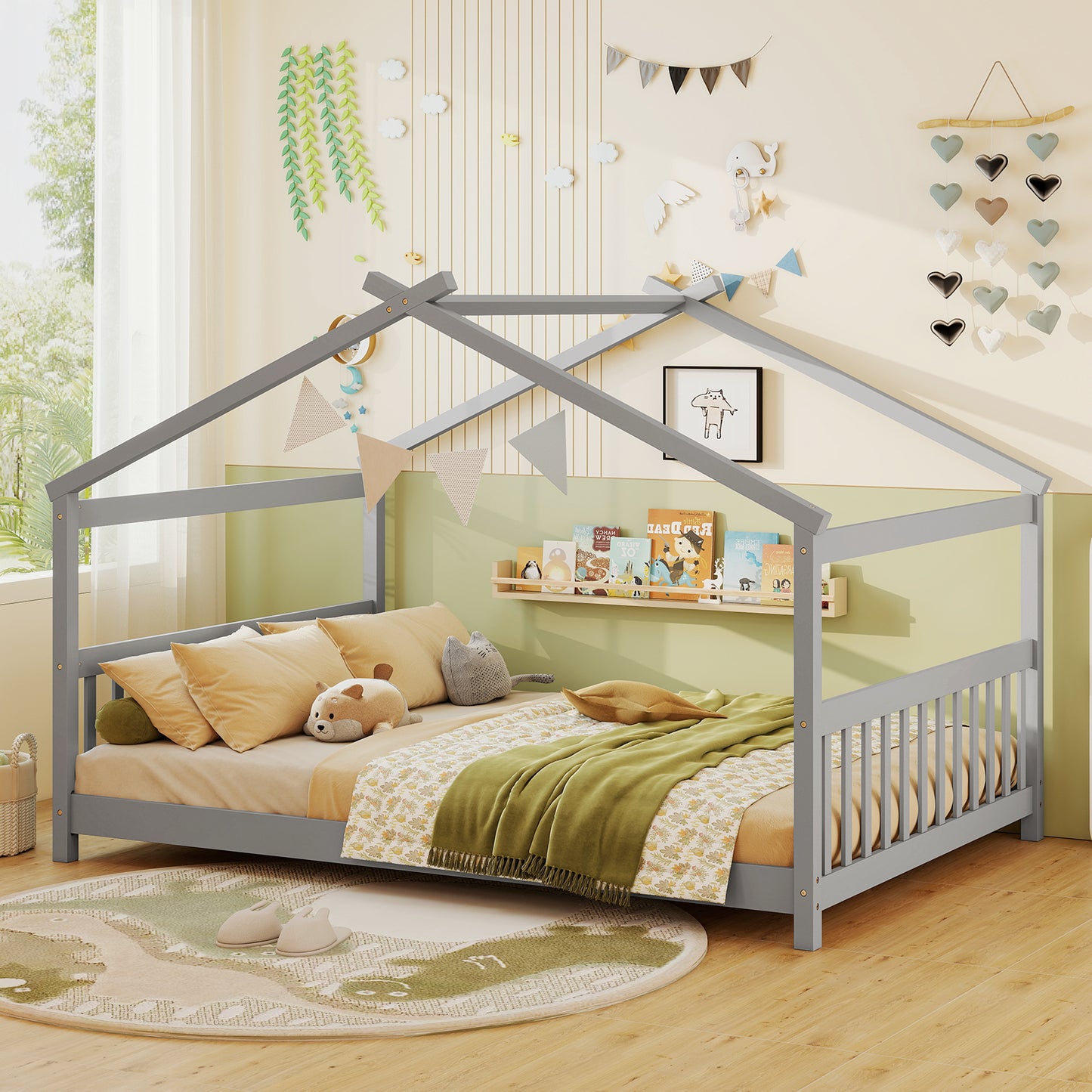 Full Size House Bed Montessori Floor Bed with Headboard, Gray Simple Bed Frame at Gallery Canada