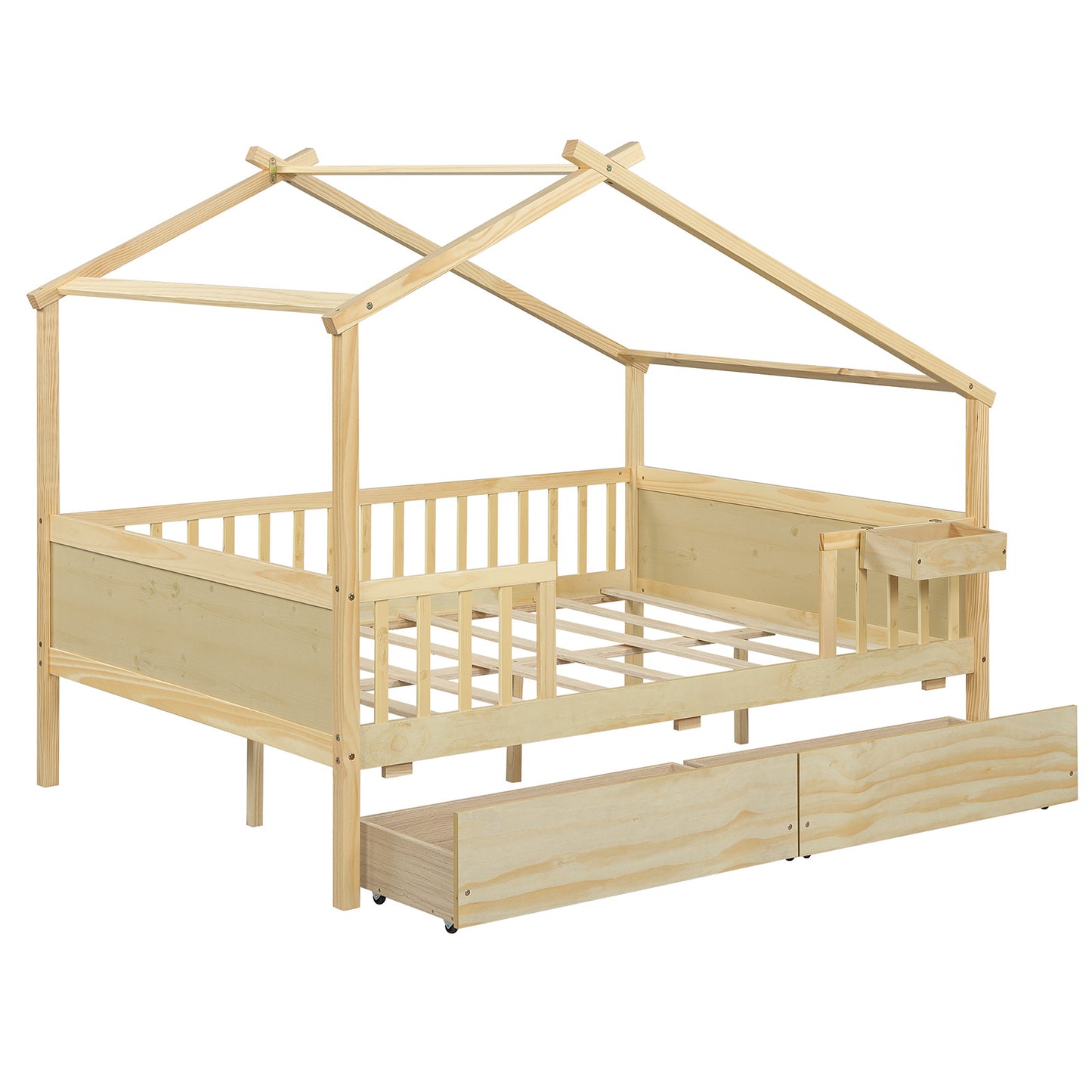 Full Size House Bed with Roof and Fence Rails for Kid, Natural Simple Bed Frame Natural at Gallery Canada