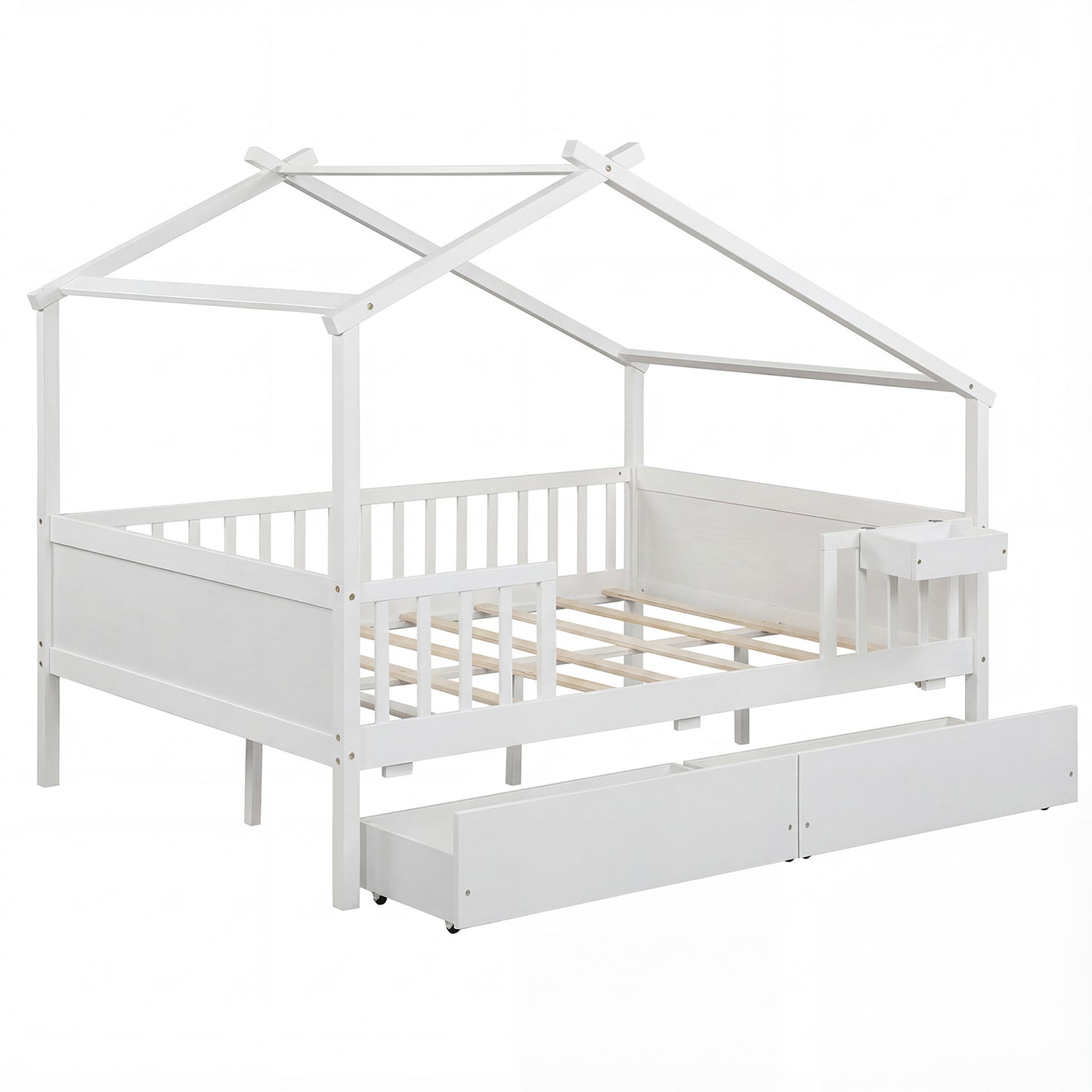 Full Size House Bed with Roof and Fence Rails for Kid, White Simple Bed Frame White at Gallery Canada