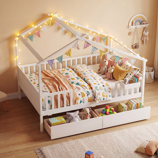 Full Size House Bed with Roof and Fence Rails for Kid, White Simple Bed Frame White at Gallery Canada