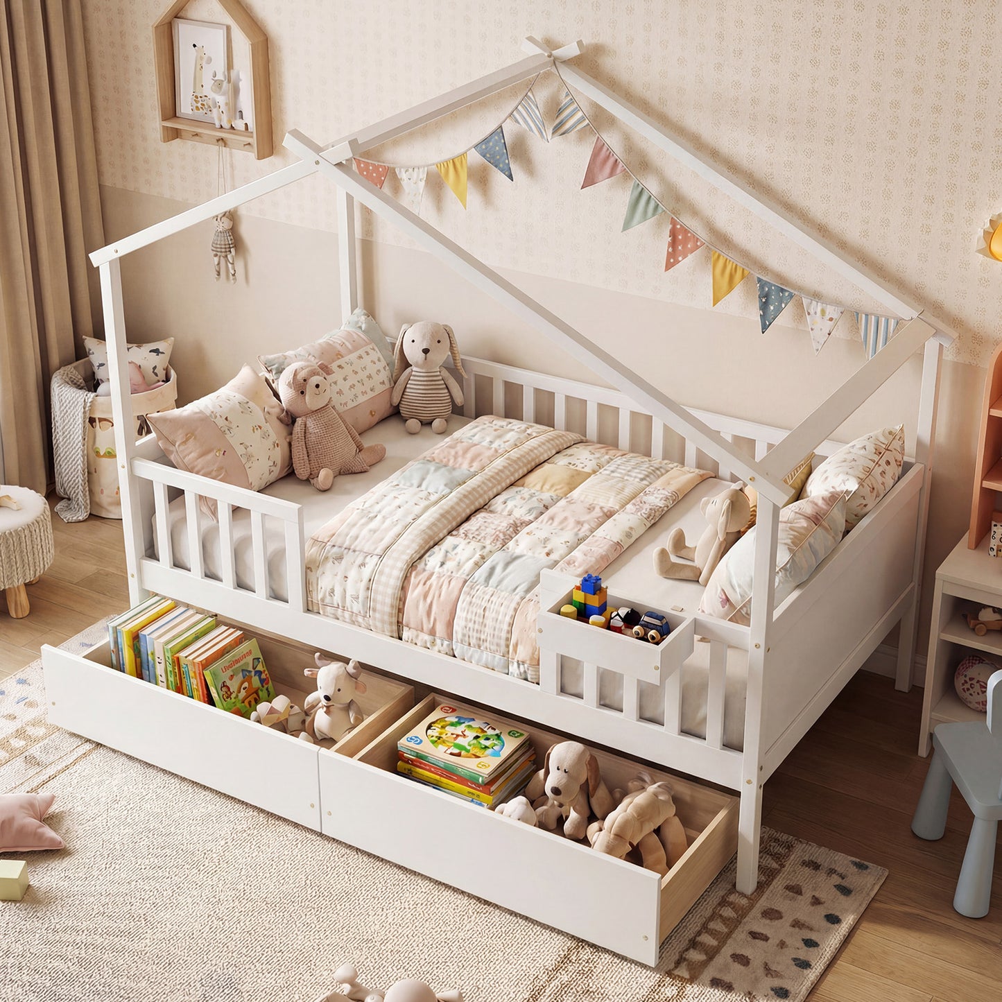 Full Size House Bed with Roof and Fence Rails for Kid, White Simple Bed Frame at Gallery Canada