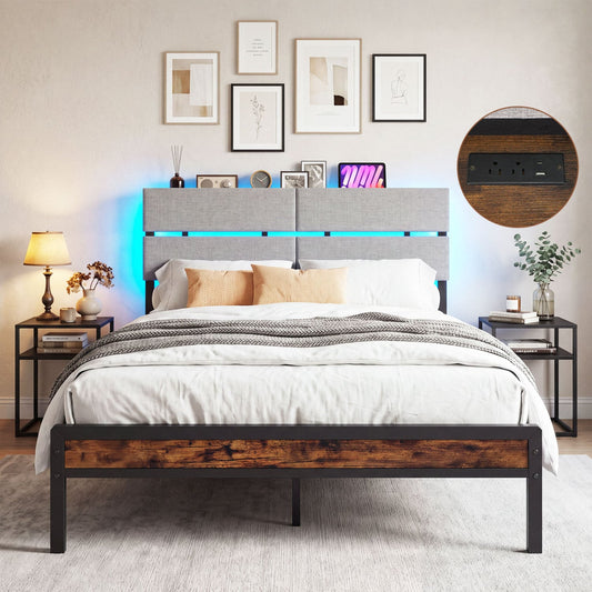 Full Size Metal Bed Frame, LED Lights, Charging Station, Rustic Brown Simple Bed Frame Rustic Brown at Gallery Canada