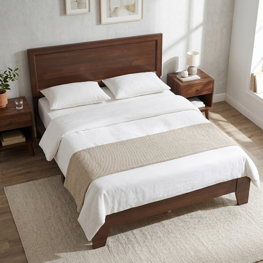 Full Size Modern Bed Frame with Headboard, Walnut Simple Bed Frame Walnut at Gallery Canada