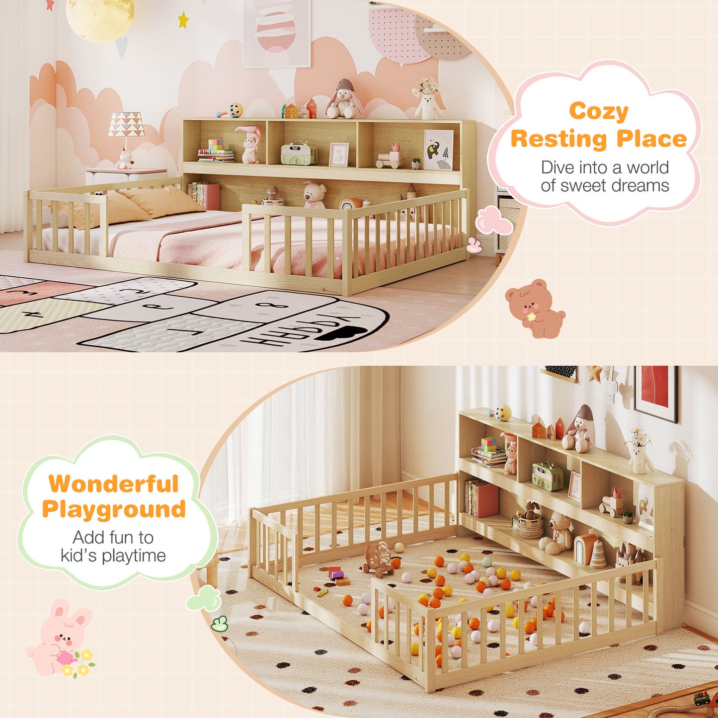 Full Size Montessori Floor Bed With Bookcase, Natural Trundle Bed Frame at Gallery Canada
